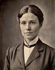 Obraz premium Vintage photo woman doctor in a sepia portrait, showcasing a determined expression and historical attire.