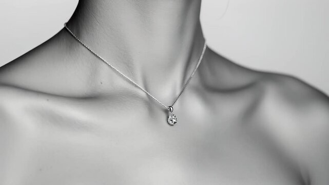 A black and white close-up of a woman's neck adorned with a fine gold necklace and shimmering diamond pendant, enhanced by a selective color effect