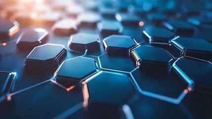 Obraz premium Abstract Glowing Hexagon Pattern: Futuristic Technology Background with Blue Lighting and Geometric Design for Digital Innovations.