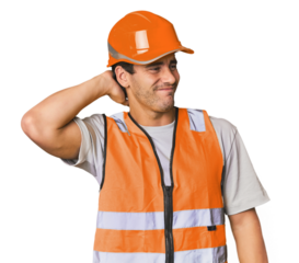 Young Hispanic worker in safety gear touching back of head, thinking and making a choice.