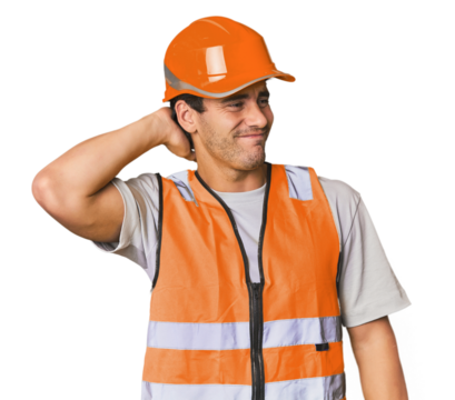 Young Hispanic worker in safety gear touching back of head, thinking and making a choice.