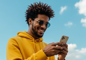 A photo of a young man smiling and looking down at his phone with a clear blue sky in the background.

