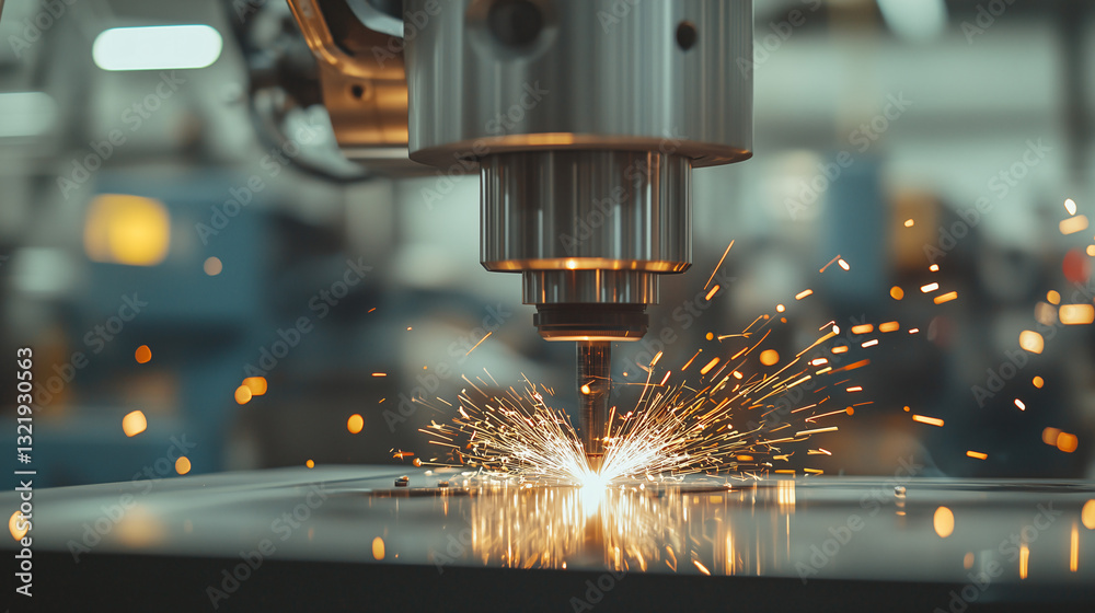 Poster sparking innovation: a close-up shot of a precision machine tool in action, showcasing a controlled 