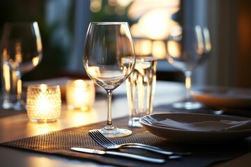 Fototapeta premium Romantic restaurant table set for elegant dinner.