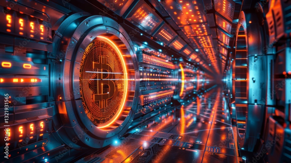 Poster A captivating visualization of a high tech tunnel filled with illuminated Bitcoin symbols, showcasing an innovative blend of blockchain and digital currency concepts in a vibrant environment.