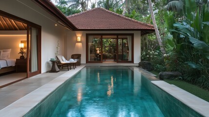 A pool with a house in the background. The pool is surrounded by a lush green garden. The house has a large open space with a balcony overlooking the pool
