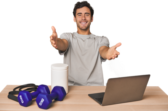 Hispanic trainer planning workout feels confident giving a hug to the camera.