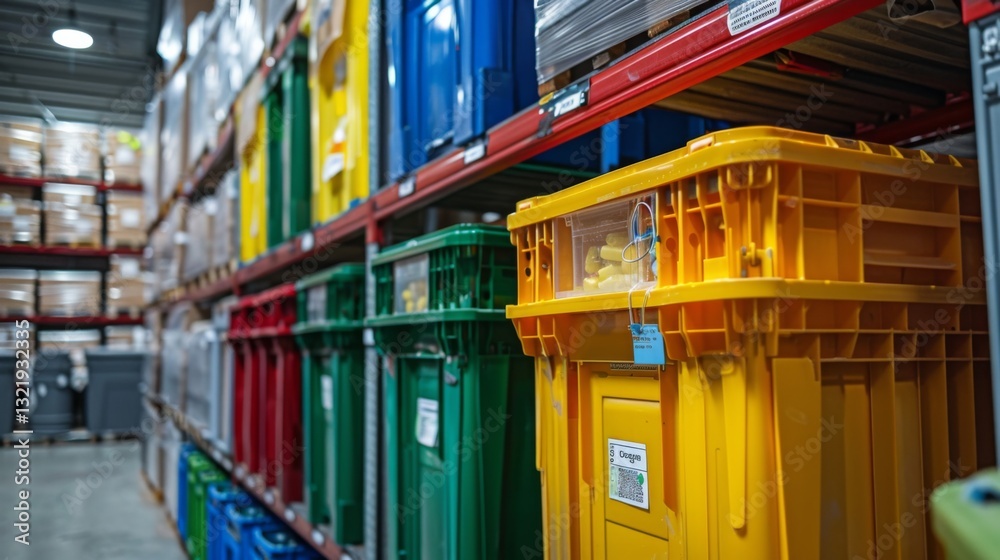 Poster a variety of colorful storage containers are neatly arranged on shelves in a well lit warehouse, sho