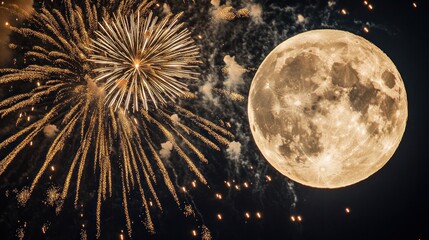 Fireworks burst against a large, golden moon