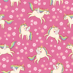 Rainbow unicorn. Hand drawn isolated horse unicorn isolated on pink background. Bright illustration in lights colors for design children's room, clothing, nursery, poster