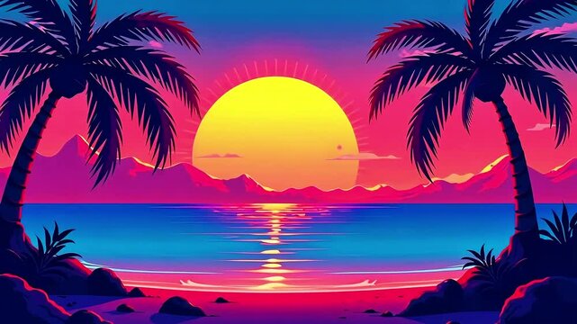 Bright tropical beach with palm trees silhouette at sunset background. Vivid retrowave and vaporwave wallpaper. Summer landscape. Vacation and travel concept, cartoon vector style