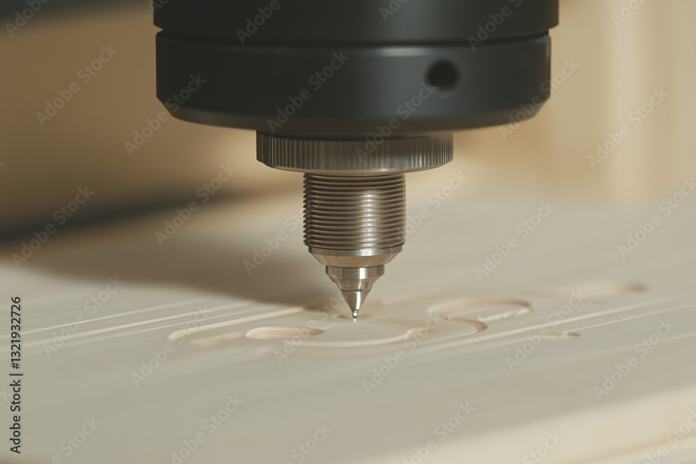 Poster precise engineering: close-up shot of a cnc machine precisely carving intricate designs into a woode
