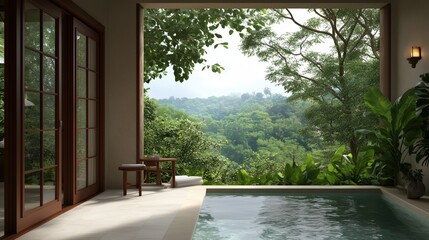 A beautiful view of a mountain range can be seen through the windows of a house. The house has a pool and a bench outside
