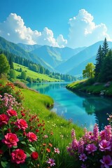 Idyllic countryside with rolling hills, blooming flowers, and clear lake, flowers, hills, lake