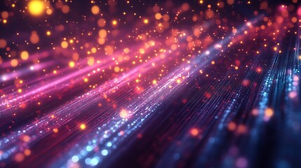 Obraz premium Abstract Glowing Particle Stream Background: Red, Blue, Gold Bokeh Effect, Technology, Festive, Night, Celebration.