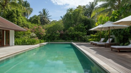 A pool with a white umbrella and a white house in the background. The pool is surrounded by trees and has a lot of greenery