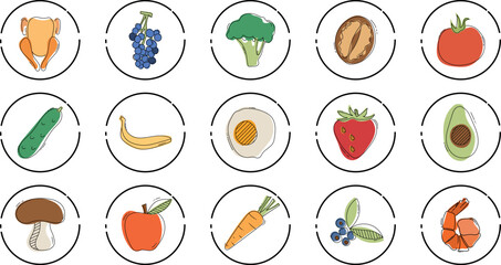 healthy food icons in thin line style on white background. Suitable for applications also for kitchen design