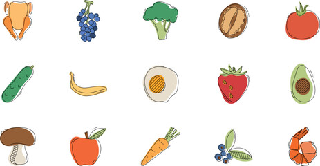 healthy food icons in thin line style on white background. Suitable for applications also for kitchen design