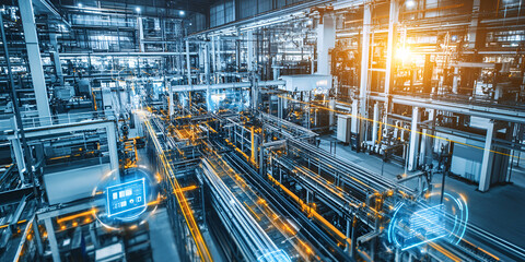 Fototapeta premium High-tech smart factory with automated robotic arms and advanced production lines, Digital industrial automation in modern factory setting 