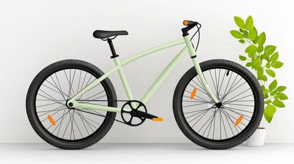 Fototapeta premium Pale Green Bicycle with Thick Tires Near Potted Plant Against White Wall