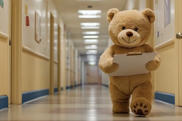 Teddy bear doctor walking down hospital hallway holding clipboard