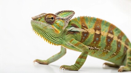 Chameleon in full view on white studio  background