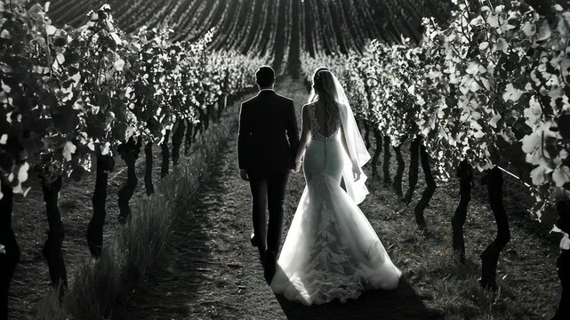 Newlyweds Strolling Through Vineyard at Sunset