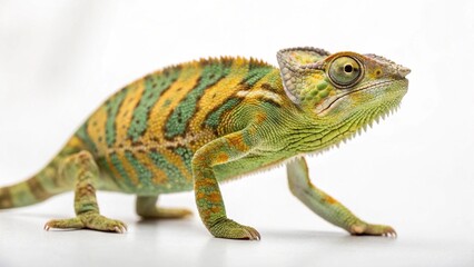 Fototapeta premium Chameleon in full view on white studio background