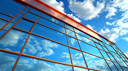 Modern glass building reflecting blue sky and white fluffy clouds