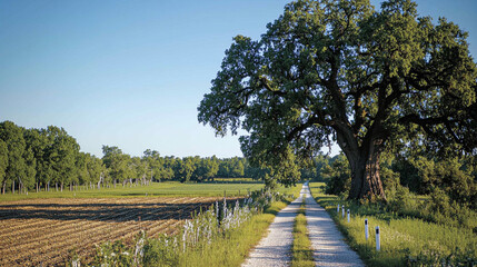Country gravel road with ancient oak tree and green meadow