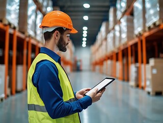 Warehouse operations worker using tablet for inventory management industrial facility indoor setting side view
