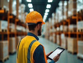 Warehouse operations man with tablet in industrial storage facility efficient logistics management professional setting