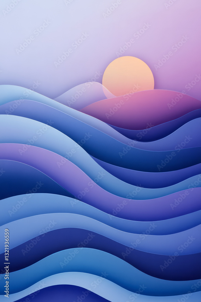 Poster a contemporary abstract illustration with smooth navy-blue waves arranged dynamically in layers,