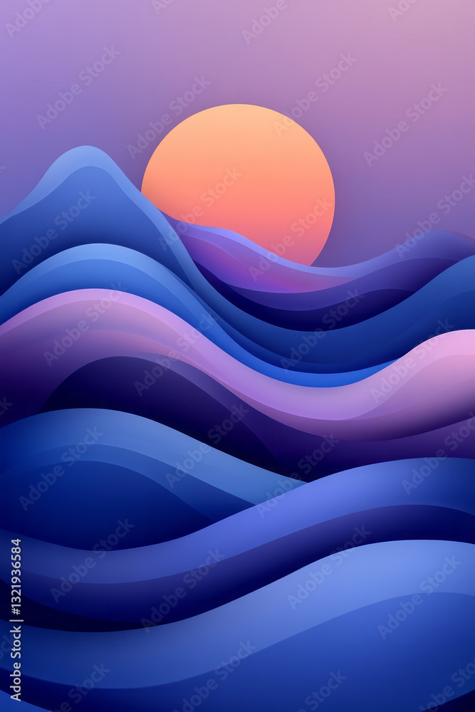 Poster a contemporary abstract illustration with smooth navy-blue waves arranged dynamically in layers,