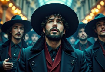Obraz premium Man in Black Coat and Hat Surrounded by Similar Figures