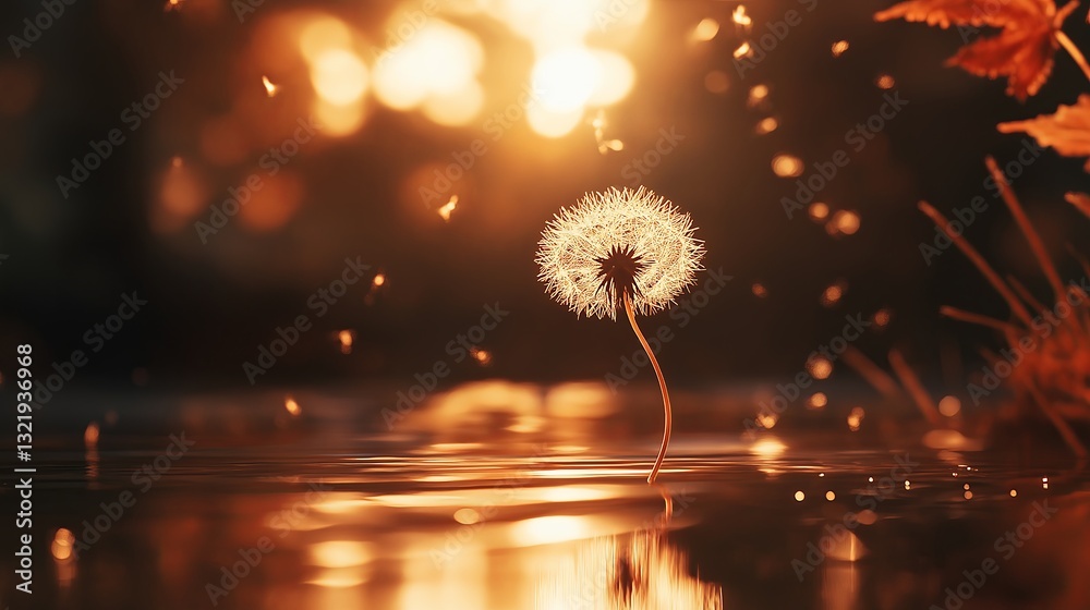 Poster a single dandelion seed floating in the air, with a blurred background
