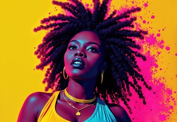 Portrait of Black Woman with Afro and Gold Jewelry against Yellow and Pink Background