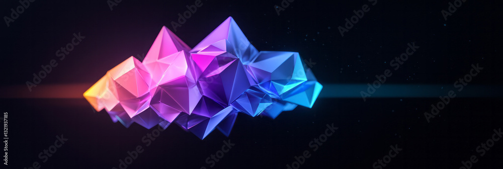 Poster a sophisticated digital artwork showcasing a multi-faceted polygonal structure in luminous purple