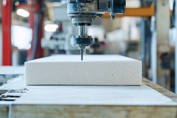 Close-up of cnc machine drilling foam block in industrial workshop