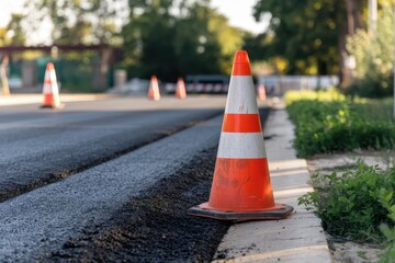 Orange Traffic Cone on Newly Paved Road