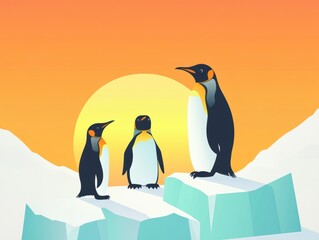 Obraz premium A group of penguins standing on icebergs against a warm sunset sky.