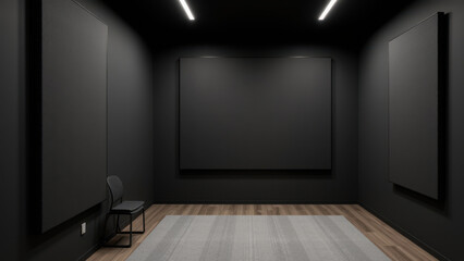 A professional audio recording studio room with acoustically treated walls.