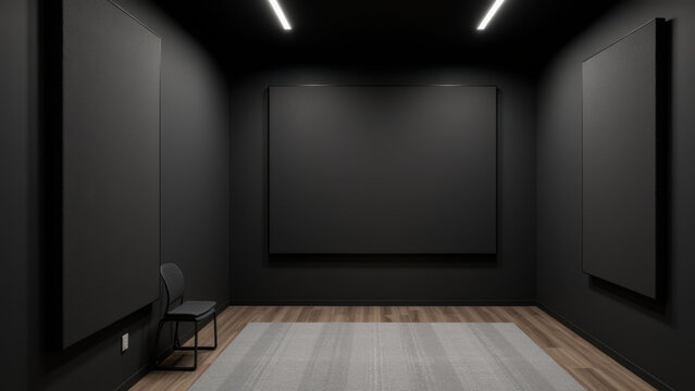 A professional audio recording studio room with acoustically treated walls.