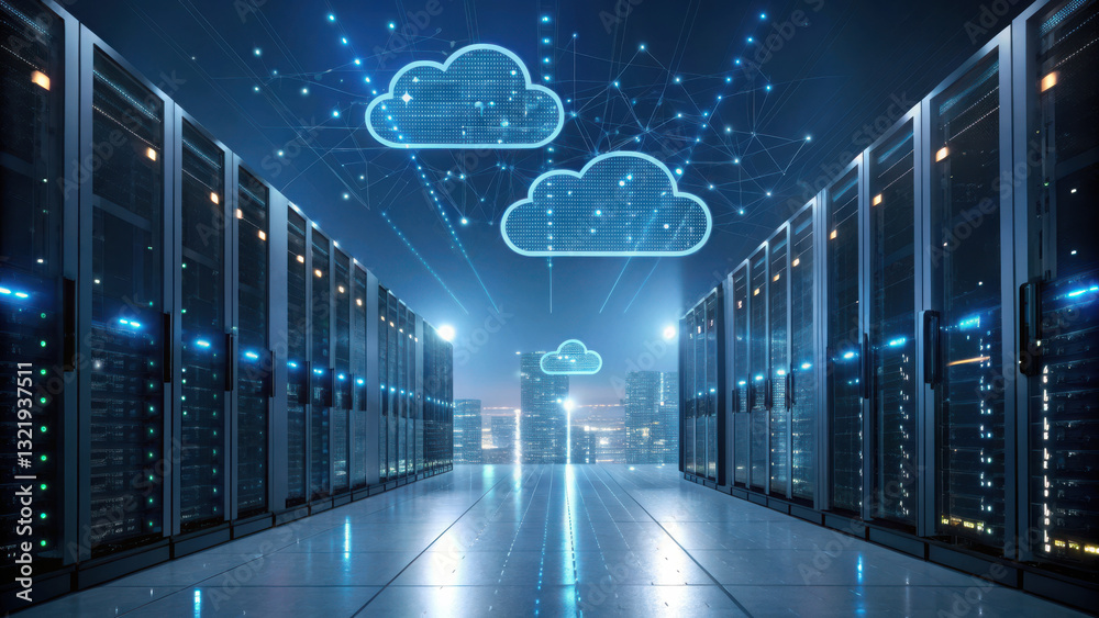 Poster llm, large language model conceot, cloud computing technology in data center with servers and digita
