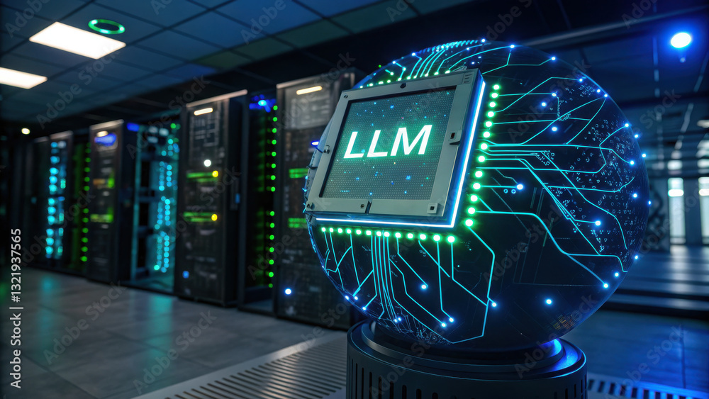 Poster llm, large language model conceot, glowing llm hub in data center with advanced technology and serve