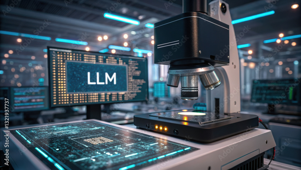 Poster llm, large language model conceot, high tech microscope analyzing data in modern lab environment