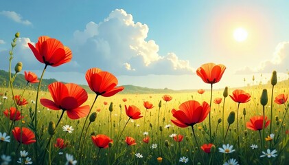 Sunlit poppies in a field of wildflowers painting, landscape, fantasy, meadow