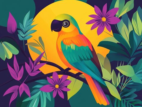 A vibrant parrot surrounded by exotic flowers with a golden sunlight backdrop.
