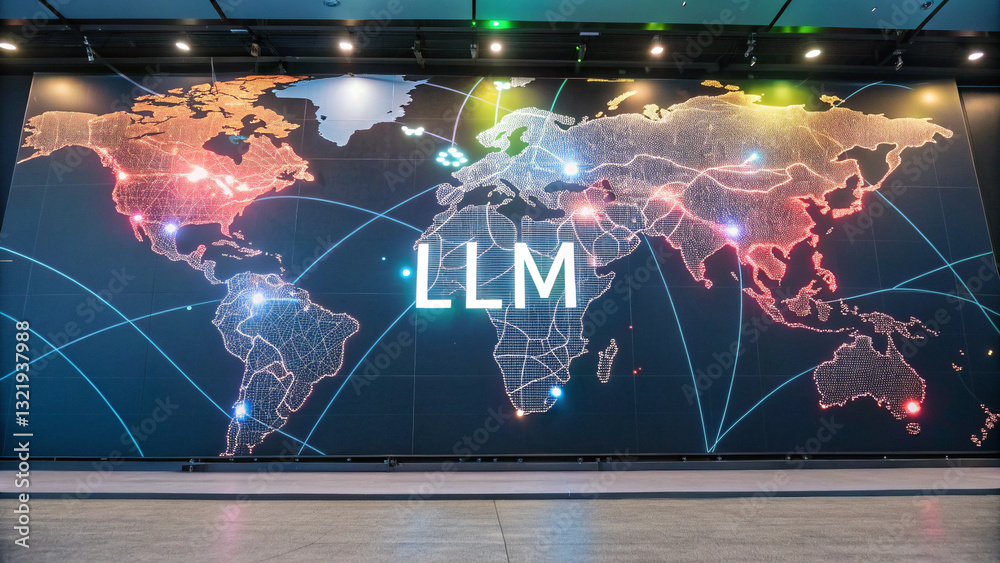 Poster llm, large language model conceot, world map with glowing ai connections and llm technology displaye