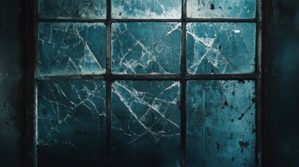 A weathered and broken window showing a dark interior scene
